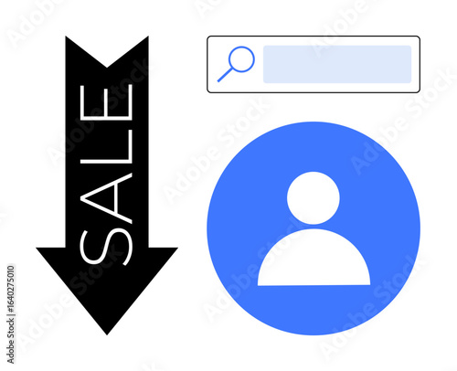Black downward arrow labeled Sale next to a blue user profile icon and search bar. Ideal for discount promotion, e-commerce, online shopping, user profiles, search engines, marketing, simple landing