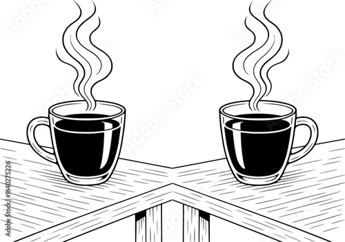 Two steaming cups of coffee sit on a corner table, mirrored reflection.