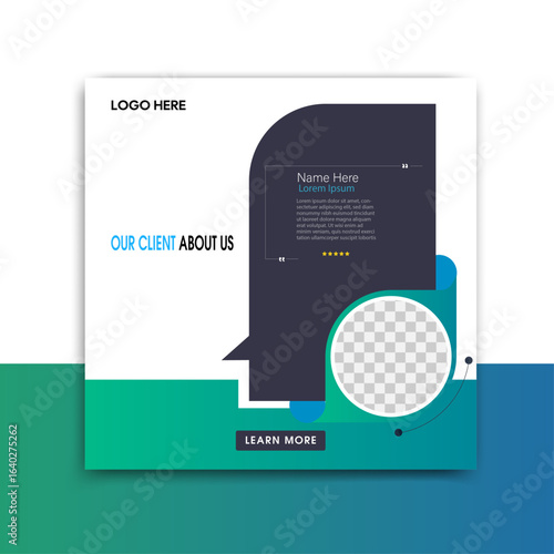 Social media post template for client testimonials. Professional customer review banner with modern geometric shapes. Editable vector illustration for business and marketing.