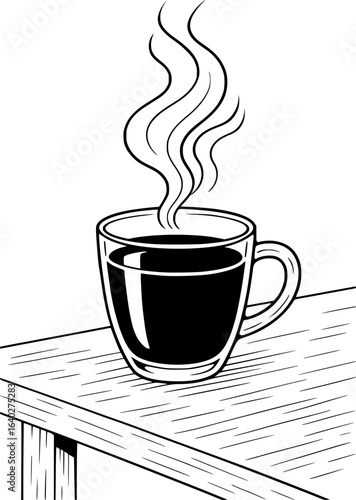 Steaming cup of coffee on wooden table, simple line drawing.