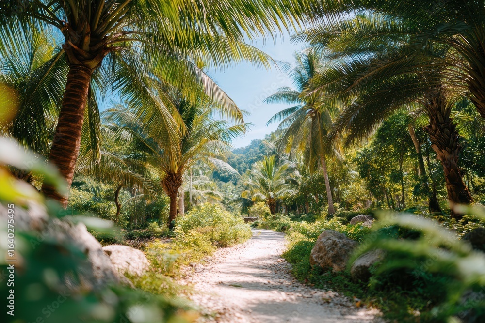 Obraz premium Serene Tropical Pathway Surrounded by Lush Palm Trees and Vibrant Greenery Beneath a Clear Blue Sky in a Peaceful Natural Environment