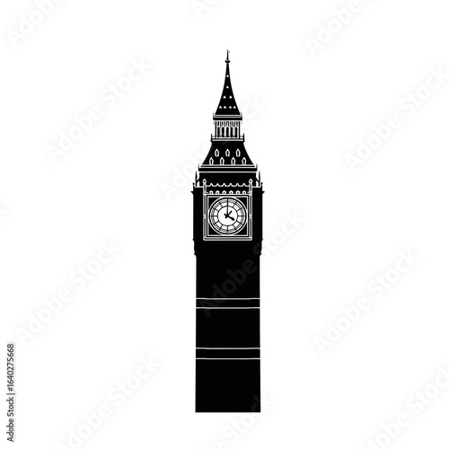 A black and white silhouette illustration of the iconic Big Ben clock tower, a famous landmark in London, England.