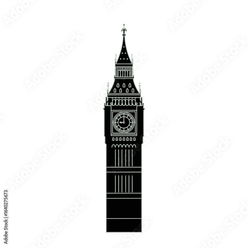 A minimalist black and white graphic illustration of London's iconic Big Ben clock tower against a white background.