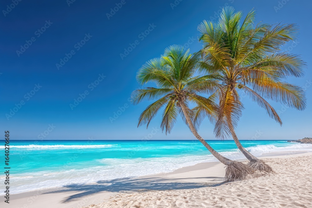 Obraz premium Tropical beach scene with two palm trees