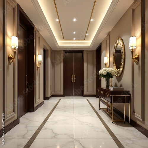 Photorealistic Luxury Hallway Interior with Marble Floor and High Ceiling