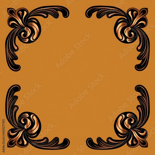 Elegant antique ornate decorative scrollwork flourishes in each corner on a warm ochre background creating a vintage frame design