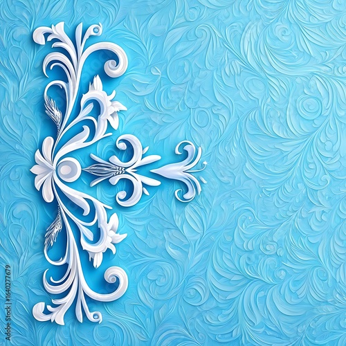 Elegant white ornate floral scrollwork embellishment with intricate swirling patterns on a textured blue background