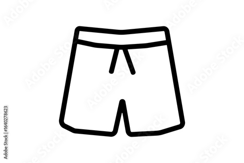 The image shows a simple black outline of a pair of shorts. The design features a waistband with a drawstring, representing casual summer or beachwear