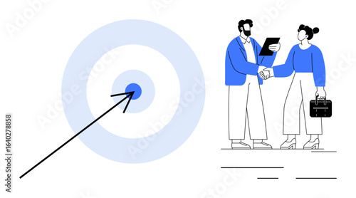 Arrow hitting target symbolizes goal achievement, with professionals shaking hands in agreement. Ideal for teamwork, success, collaboration, partnership, goal setting, strategy leadership themes. A