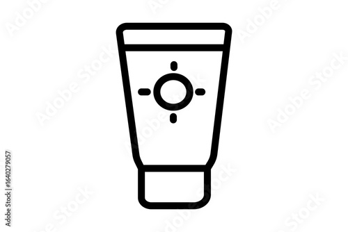 The image shows a simple black outline of a sunscreen tube. The tube has a cap at the bottom and a sun symbol in the center, representing sun protection lotion.