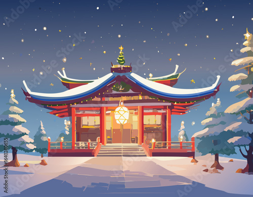 雪降る境内の風景