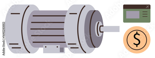 Electric motor with controller and dollar icon suggesting energy efficiency, engineering, cost savings, automation, industrial operations, machining, renewable energy. Ideal for technical