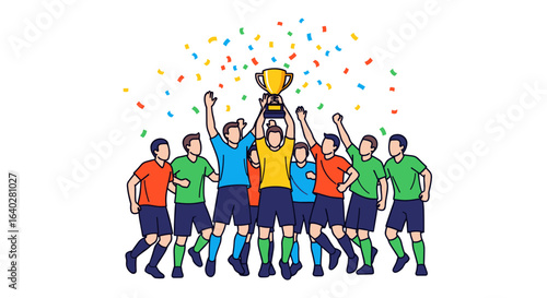 Soccer team celebrating victory holding trophy with confetti, group of football players rejoicing