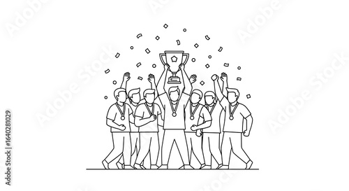 Winning Team Celebrates Victory: Group of Athletes Holding Trophy, Line Art Illustration, White Back