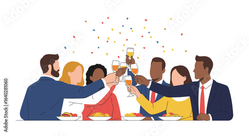 Diverse group toasting champagne at a celebratory dinner party, flat illustration style