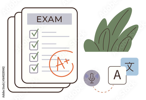 Exam sheet marked with A, checklist with green ticks, plant decor, language translation icons with microphone. Ideal for education, achievement, learning, exams, multilingual tools study success