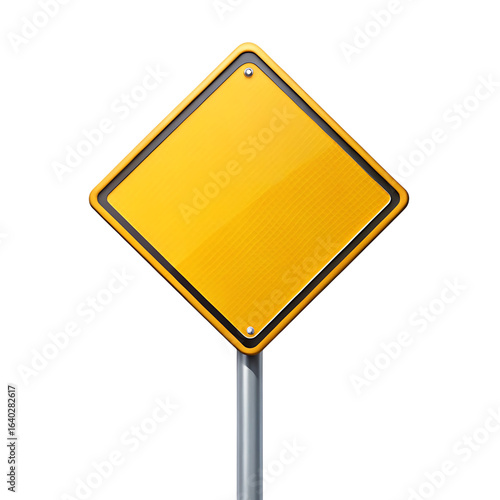 Blank yellow diamond shaped road signs on metal posts isolated on black