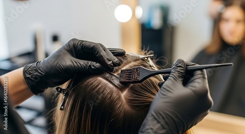 Meticulous Hair Coloring Stylist in Black Gloves Precisely Applies Dye to Roots.