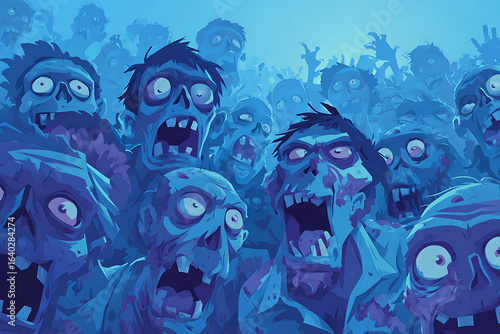 A chaotic scene of zombies with grotesque expressions in a dimly lit urban environment