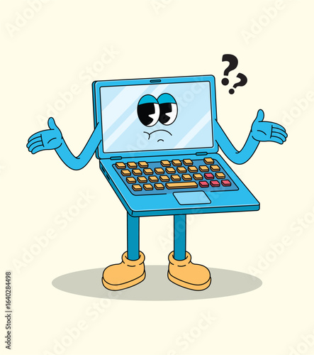 Cartoon Laptop Character Shrugging with Question Marks, Expressing Confusion