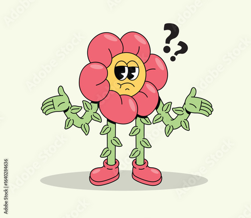 Confused Cartoon Flower Character Shrugging Shoulders with Question Marks