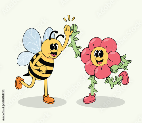 Happy Bee and Flower Characters High-Fiving
