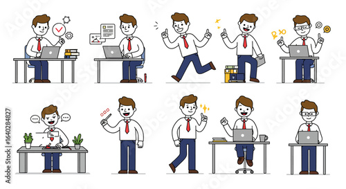 Vector set of office worker in multiple poses and emotions, ideal for business, productivity, HR, and corporate content in presentations, websites, and infographics