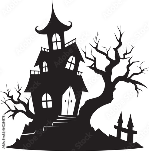 Scary Halloween haunted castle vector illustration with bats and a full moon at night