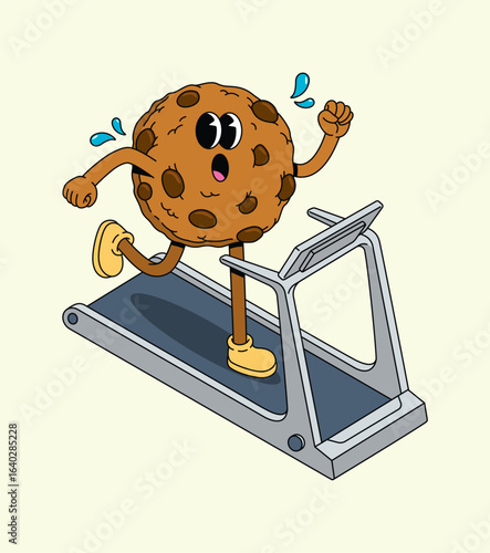 Cartoon Chocolate Chip Cookie Running on Treadmill, Sweating, Humorous Exercise Concept