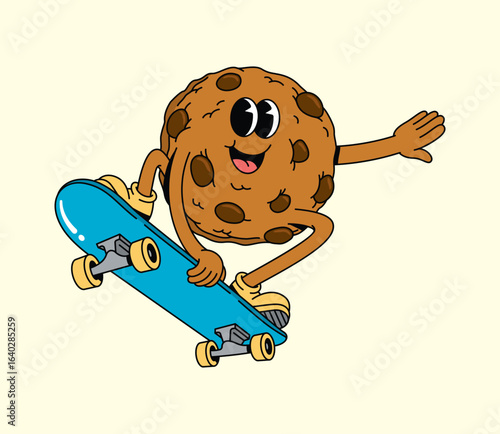 Happy Chocolate Chip Cookie Groovy Character Skateboarding