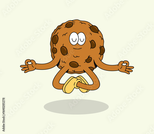 Peaceful Cartoon Cookie Character Meditating in a Lotus Pose, Floating Calmly