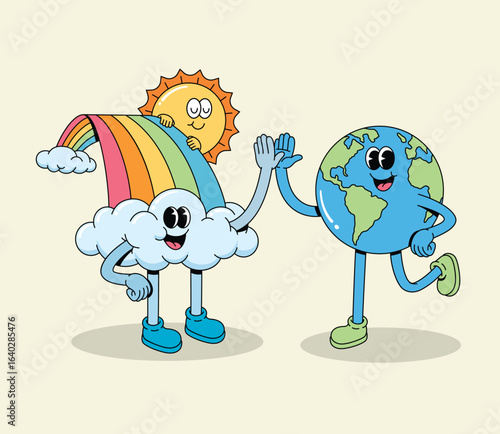 Groovy Cartoon Earth and Happy Cloud with Rainbow and Sun High-Fiving