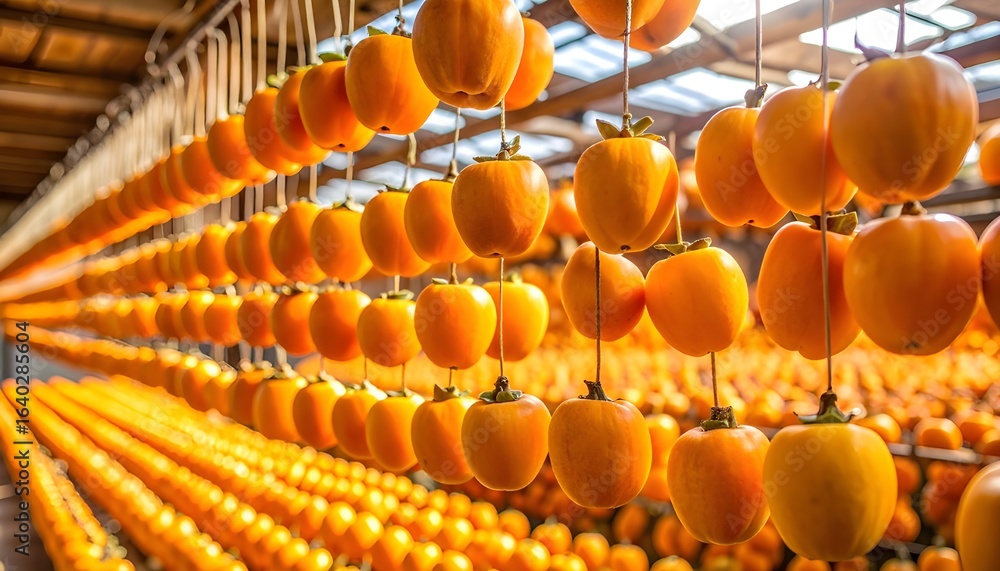 Fototapeta premium Rows of beautiful, amber colored peeled persimmons hang from strings to dry, creating a stunning visual curtain in a traditional Hoshigaki preparation area