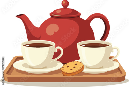A hot beverage is poured from a white porcelain teapot into a cup on a saucer for a morning tea or coffee