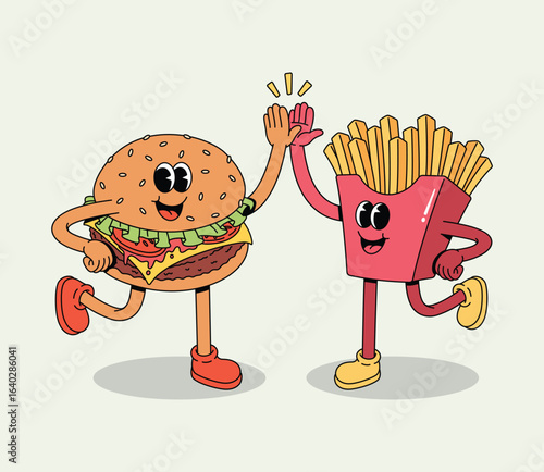 Happy Cartoon Burger and French Fries Characters High Fiving with Big Smiles on a Light Background, Cheerful Food Mascots Friendship Concept