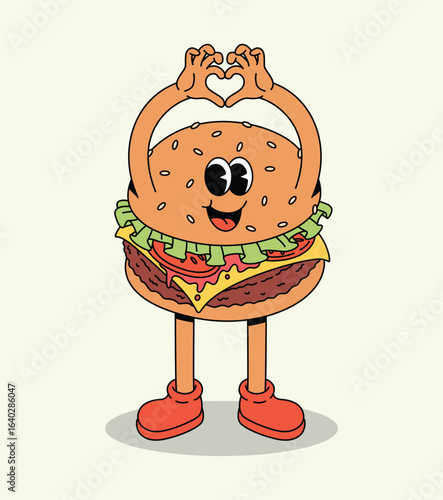 Loving Groovy Cartoon Hamburger Character Making Heart Shape with Arms