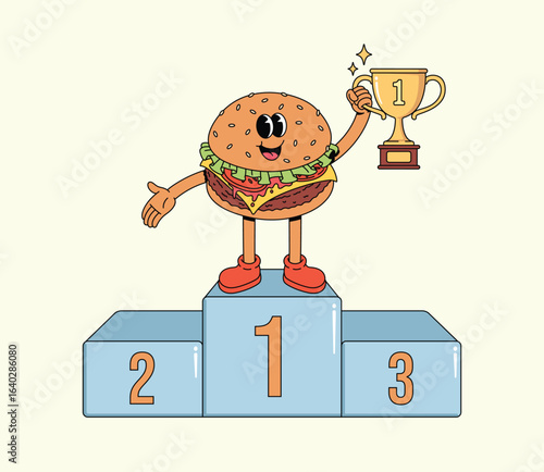 Happy Groovy Cartoon Burger Character Holding Gold Trophy on Winner Podium