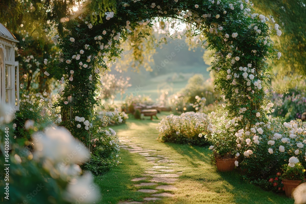 Tranquil Garden Pathway with Blooming White Roses Surrounded by Lush Greenery, Inviting Atmosphere and Natural Light in a Serene Outdoor Setting Tranquil Garden Pathway with Blooming White Roses Surrounded by Lush Greenery, Inviting Atmosphere and Natural Light in a Serene Outdoor Setting