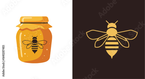 Stylized Honey Jar with Bee Silhouette and Golden Bee Outline