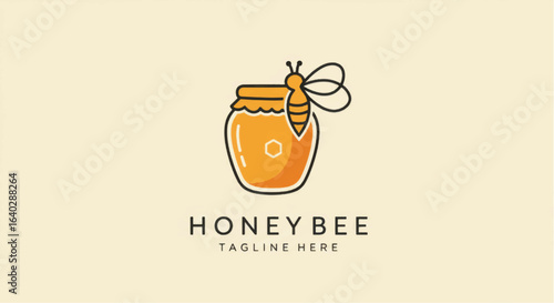Stylized Honey Jar with Bee, Outline Design, Sweet Nectar