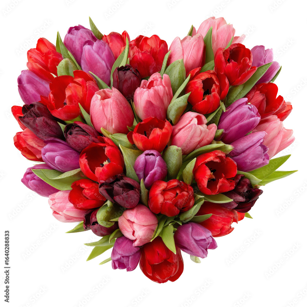 Obraz premium A vibrant heart-shaped arrangement of colorful tulips in various shades of red, pink, and purple, symbolizing love and beauty, perfect for celebrations or romantic occasions