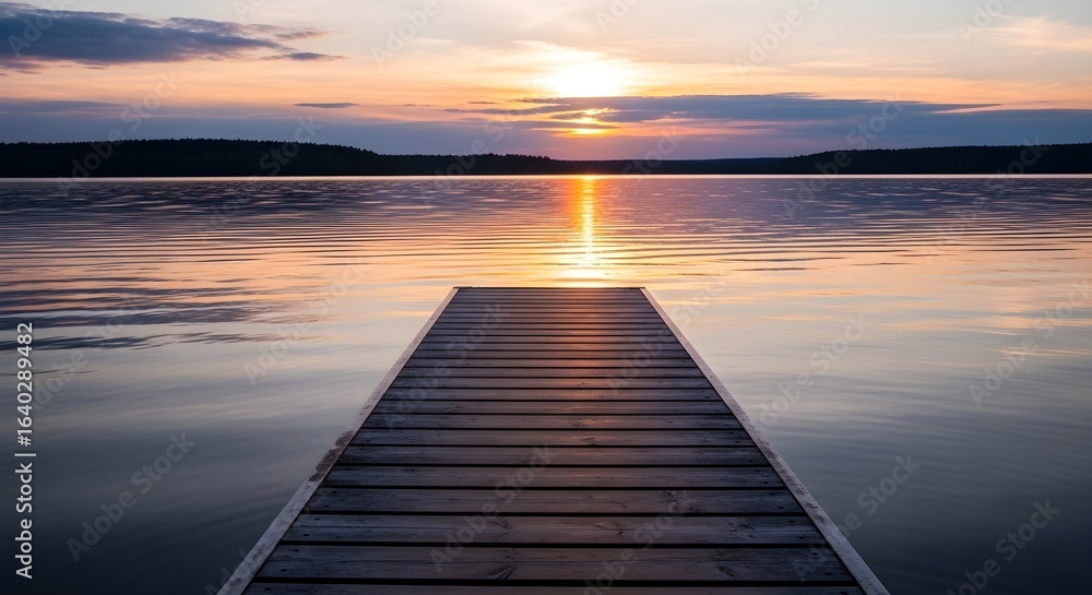 Naklejka premium Golden Hour Serenity Wooden Pier Extends into Calm Lake with Vibrant Sunset Reflection.