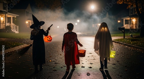 Children in halloween costumes trick or treating on a dark street with houses and streetlights visible