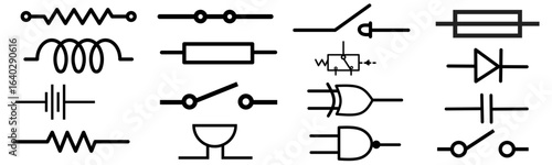 Electrical component symbols vector pack shows resistor, capacitor, transistor, diode, batterie, switch for circuit diagram designs, engineering visuals, electronics education, technical illustration