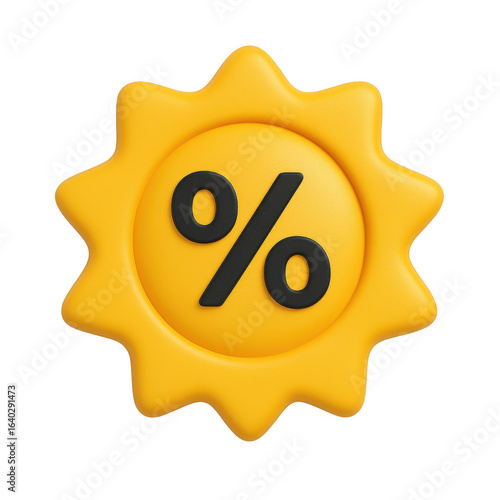 3d icon of a bright yellow sun icon featuring a percentage sign represents summer sales and promotional offers for retail businesses isolated on transparent background