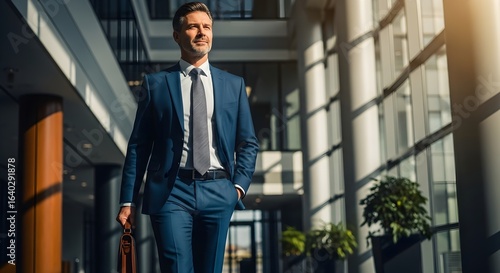 Successful corporate executive walking with confidence in a sunlit modern office hallway, embodying ambition and leadership.