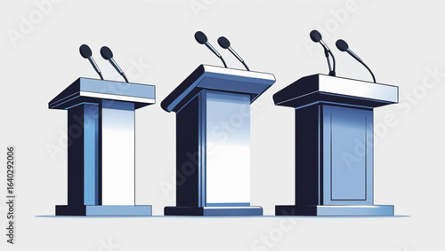 Three blue podiums with microphones on a light gray background debate speech
