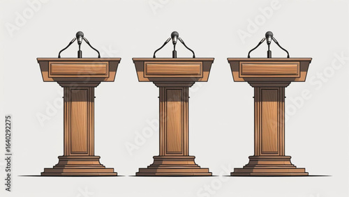 Three wooden podiums with microphones on a light background lectern debate