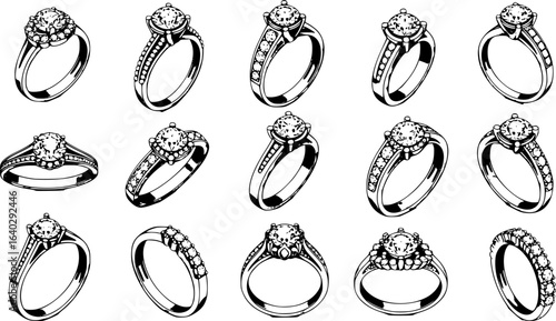 diamond studded engagement rings vector set, wedding ring symbolizing love and commitment. Variety of designs, from classic solitaires to intricate patterns