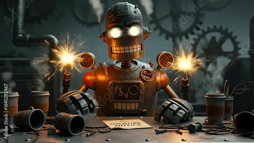 Animated Robot Overtime Sparks Fly in Steampunk Workshop.